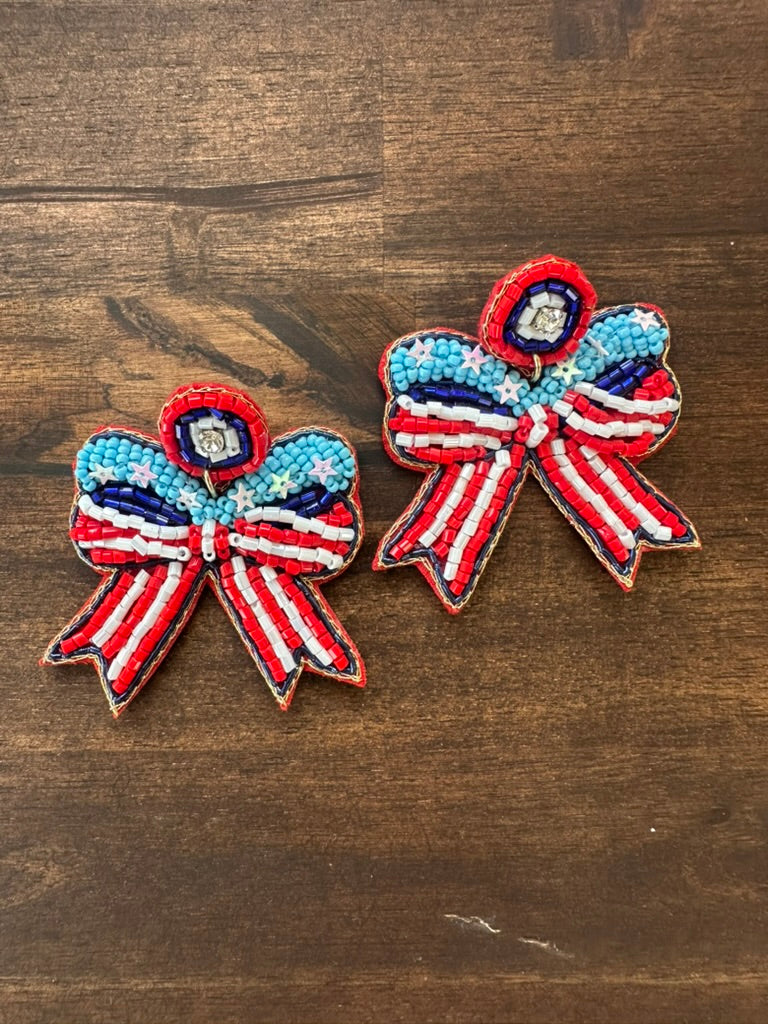Patriotic Bow Beaded Drop Earring| 4th of July Earrings
