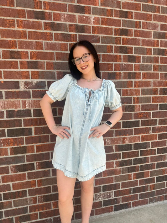 Light-Wash Denim Overall Romper
