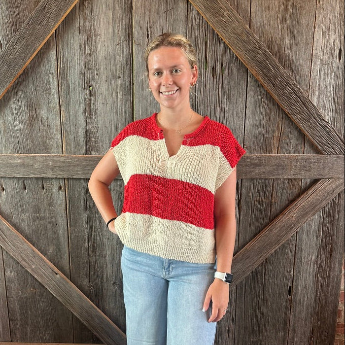 Split Neck Sleeveless Stripe Sweater