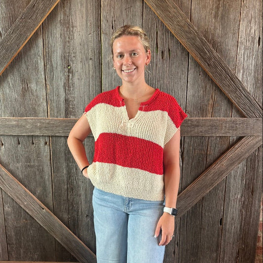 Split Neck Sleeveless Stripe Sweater