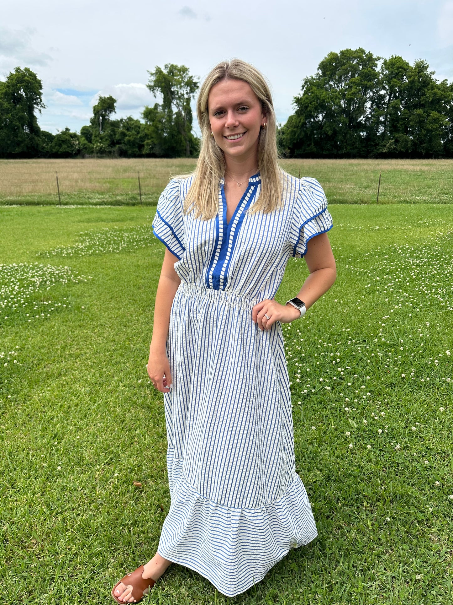 Striped Flutter Sleeve Midi Dress