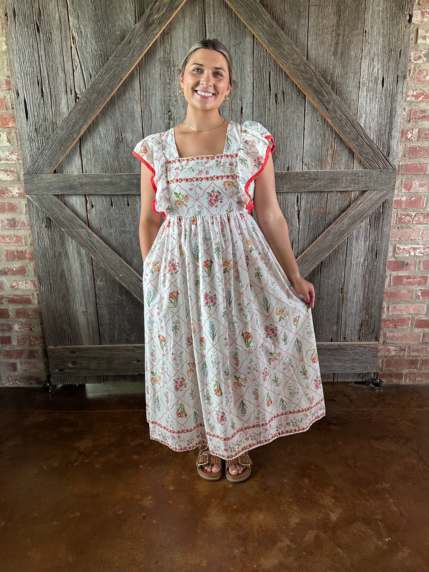 Botanical Print Flutter Sleeve Midi Dress