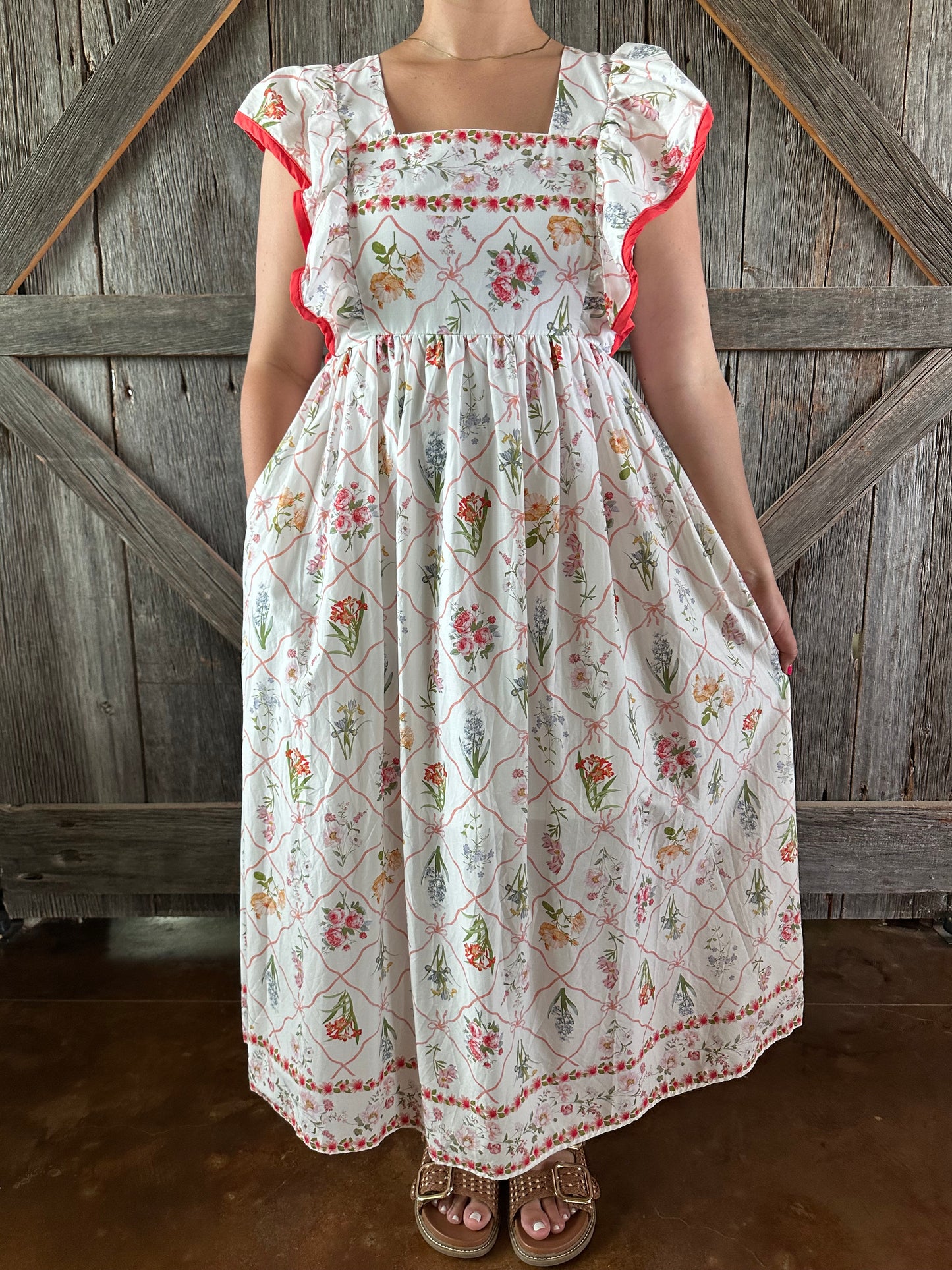 Botanical Print Flutter Sleeve Midi Dress