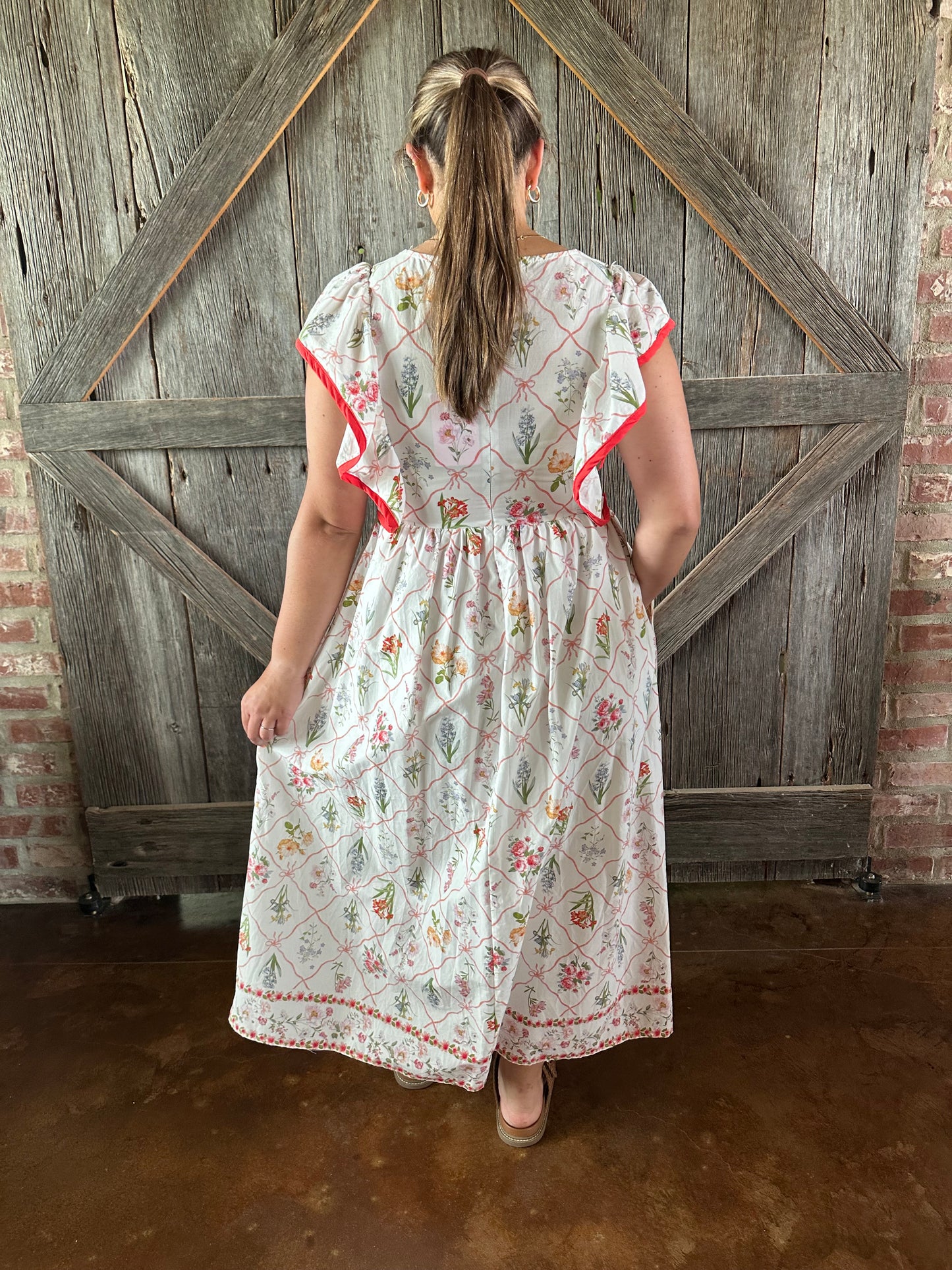 Botanical Print Flutter Sleeve Midi Dress