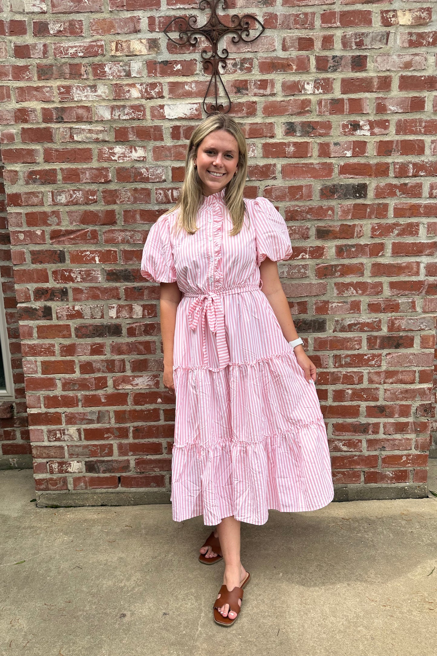 Striped Ruffled Button Down Midi Dress With Pockets