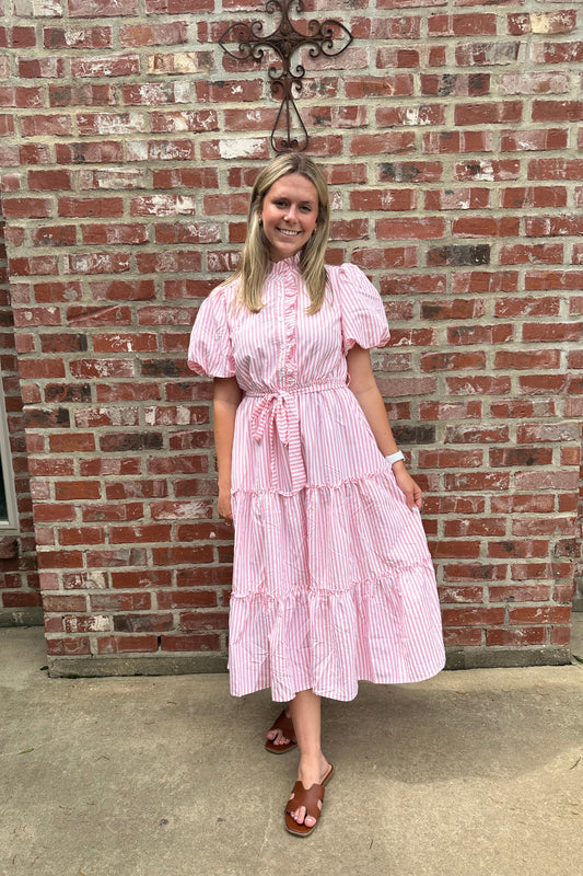 Striped Ruffled Button Down Midi Dress With Pockets