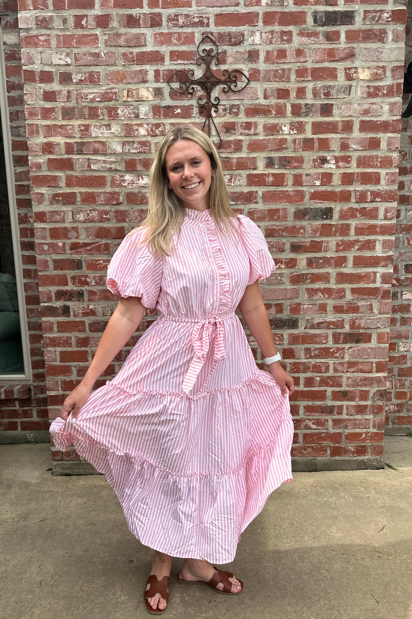 Striped Ruffled Button Down Midi Dress With Pockets