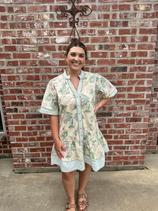 Botanical V Neck Mini Dress With Floral Print