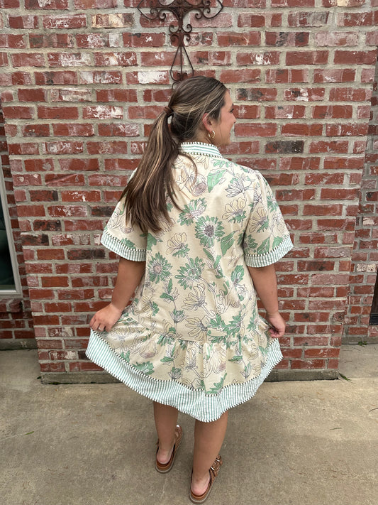 Botanical V Neck Mini Dress With Floral Print