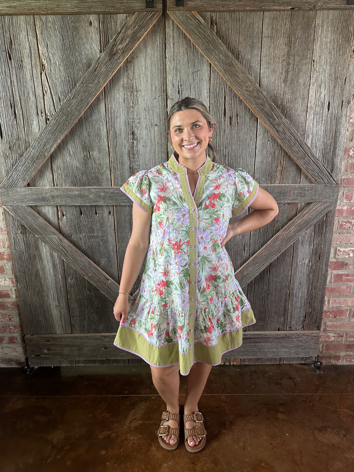 Bright Tropical Floral Button Tiered Dress
