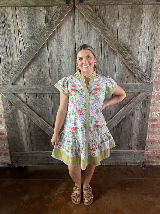 Bright Tropical Floral Button Tiered Dress