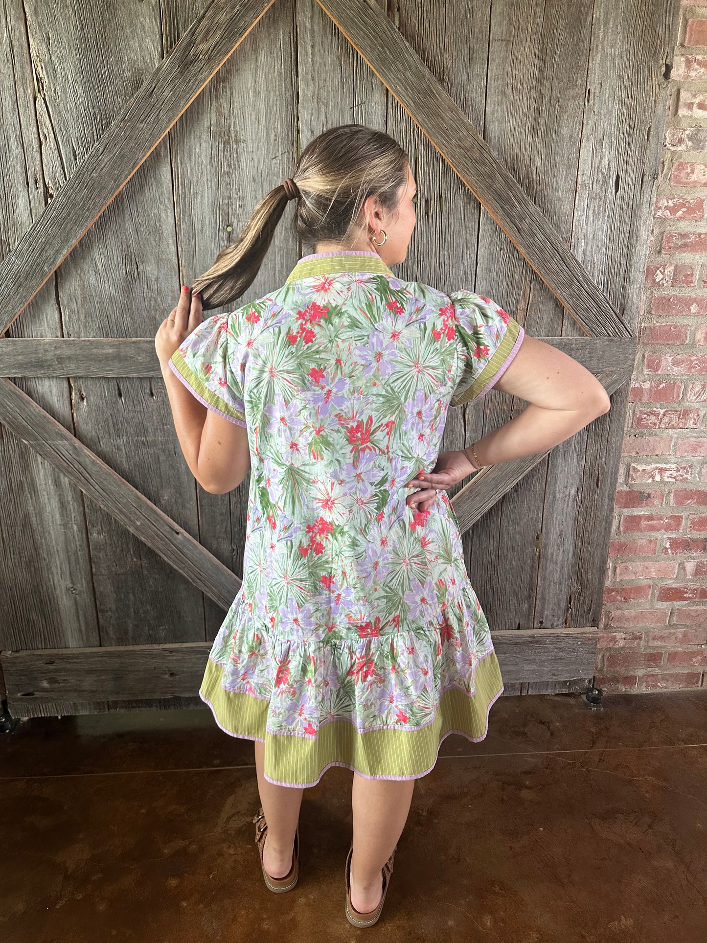 Bright Tropical Floral Button Tiered Dress