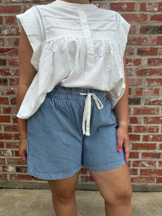Stripe Drawstring Waist Denim Shorts