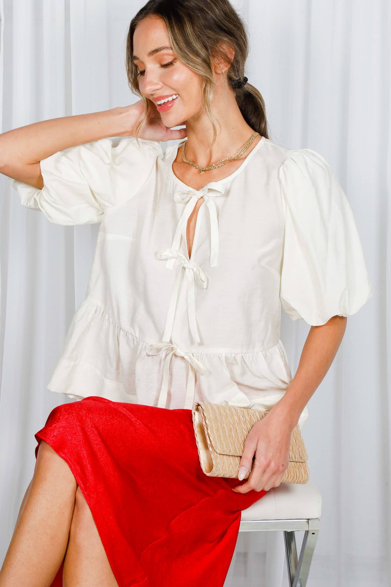 1/3 Open Front Self Tie Trim Blouse Top