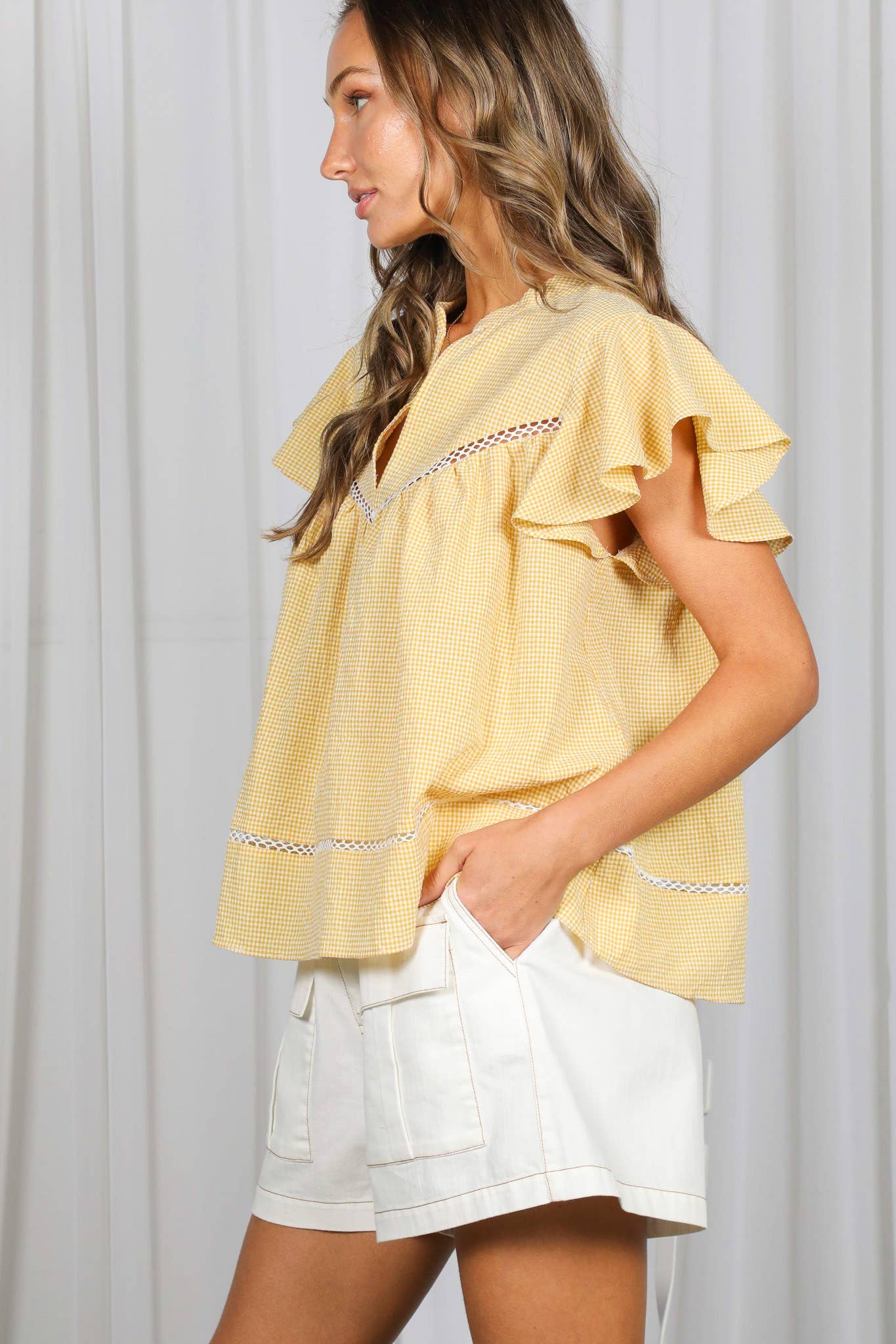 Gingham Ruffle Flutter Sleeve Feminine Blouse