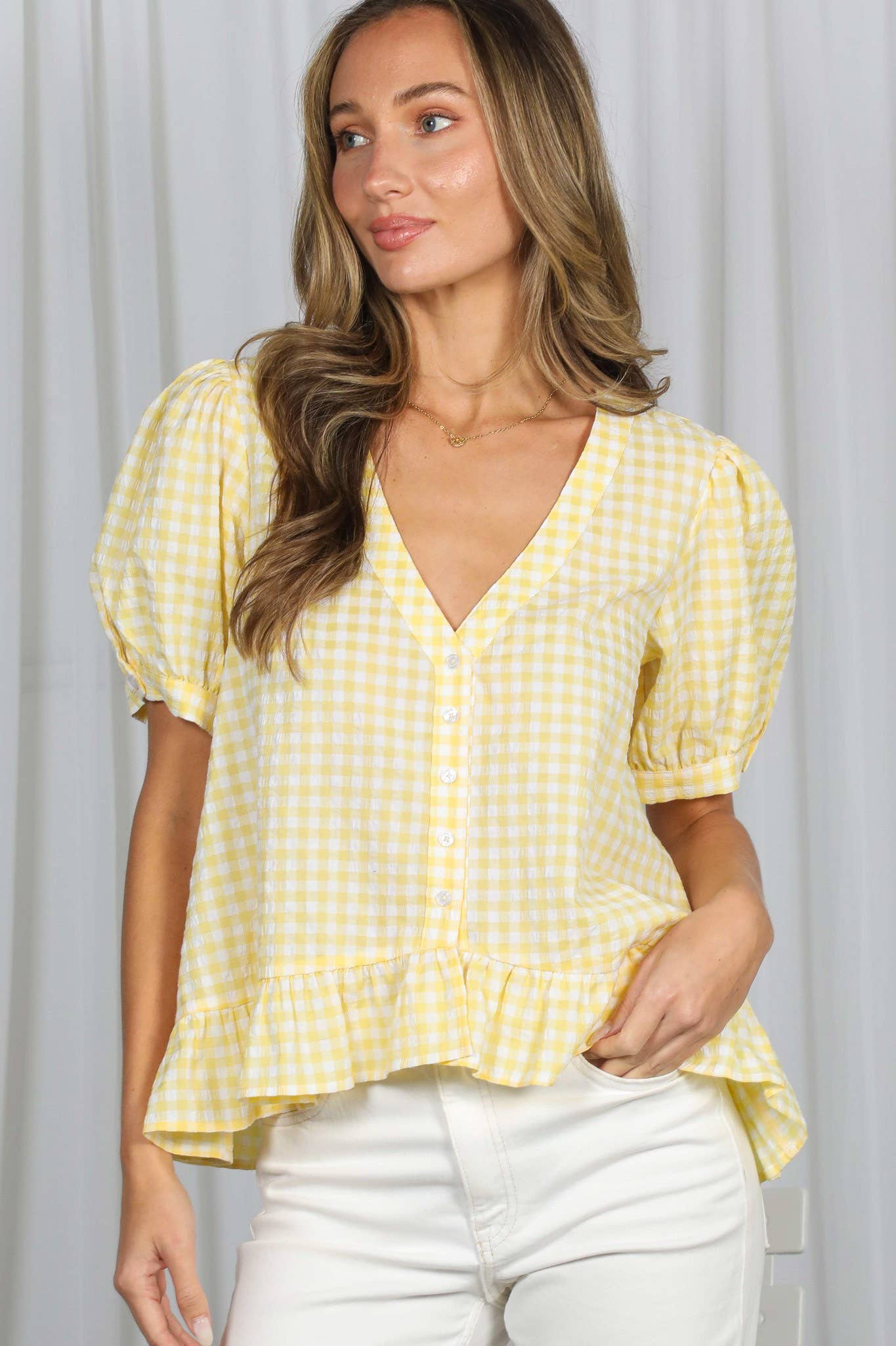 Puff Sleeves V-Neck Gingham Blouse Top