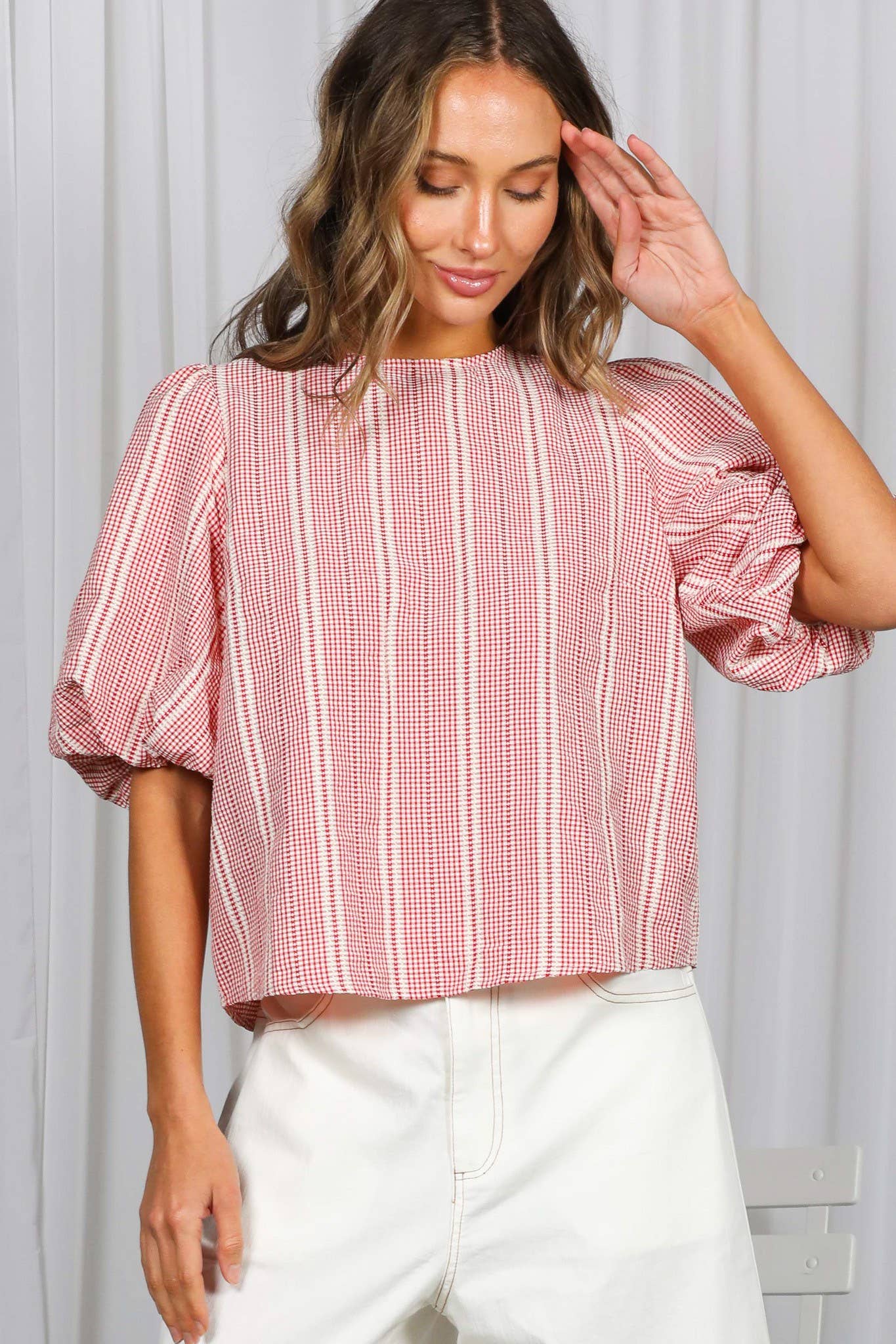 V-Back Bow Accent Feminine Plaid Blouse
