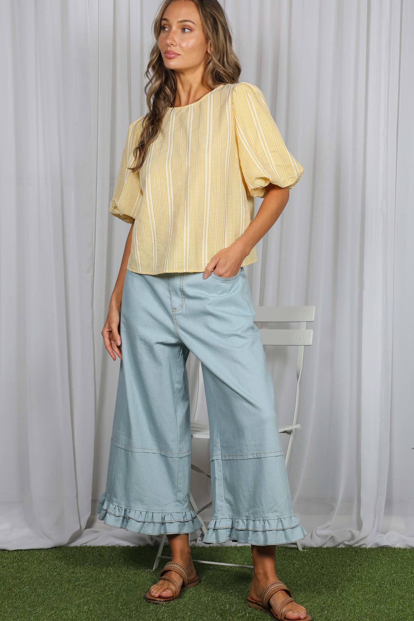 V-Back Bow Accent Feminine Plaid Blouse
